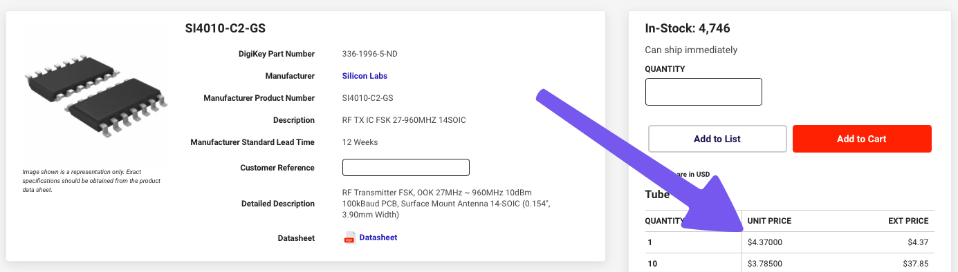 digikey part listing